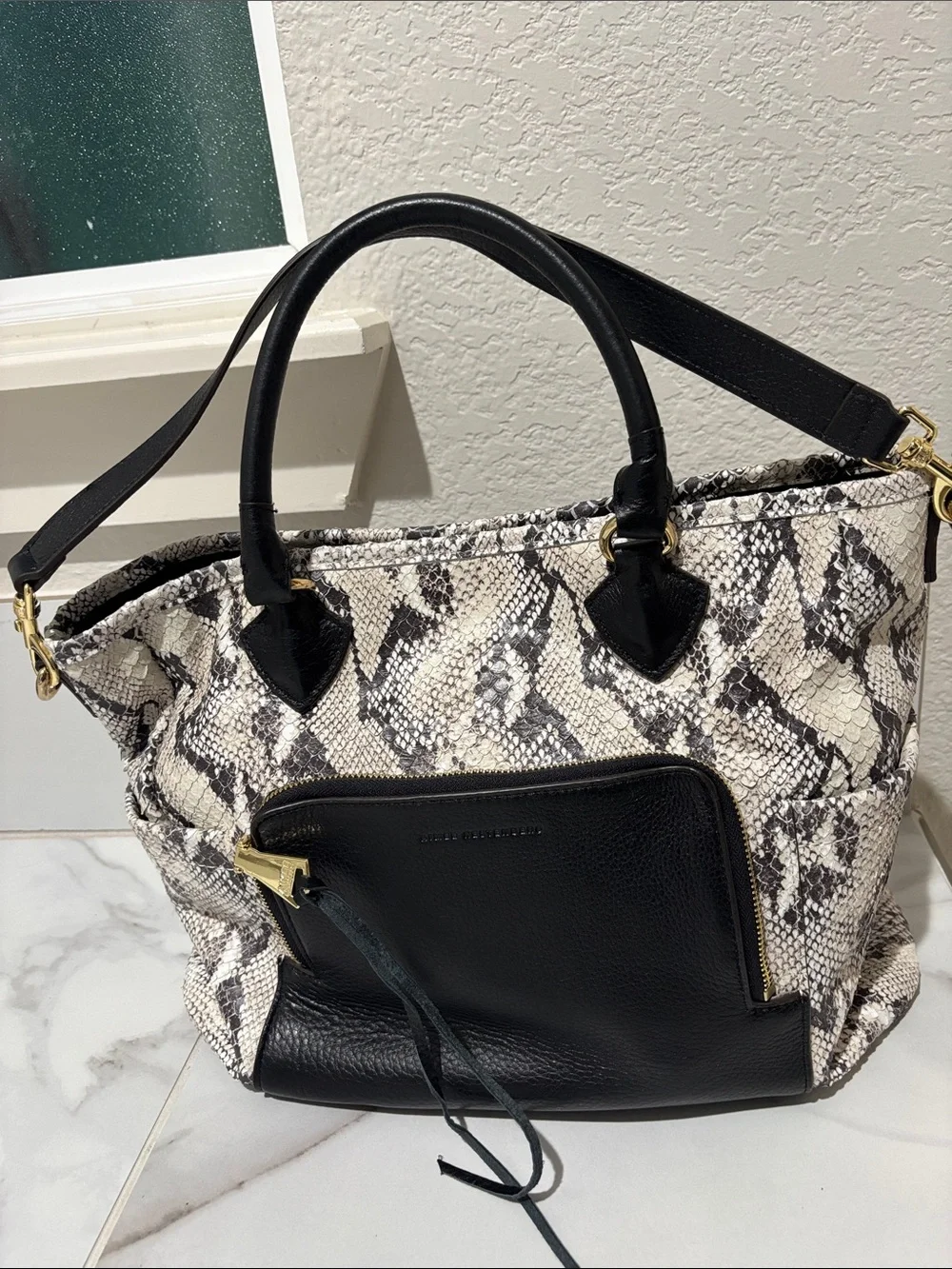 Aimee Kestenberg Black and Cream Snake-Print Leather Tote with Gold Hardware